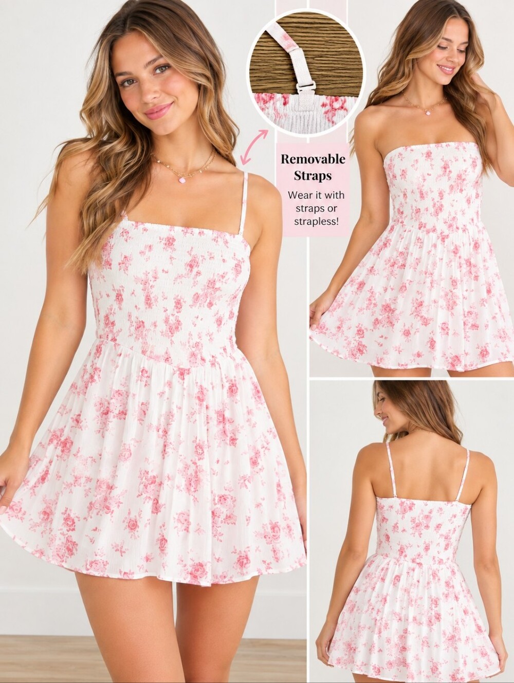 Aeropostale Floral Smocked Mini Dress Juniors XL Removable Straps Strapless Pink